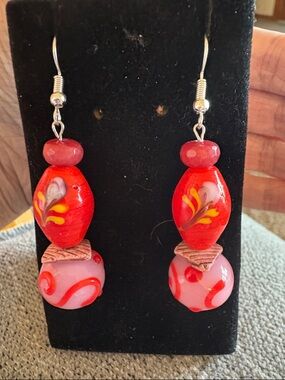 Red Glass Bead Drop Earrings with Ruby